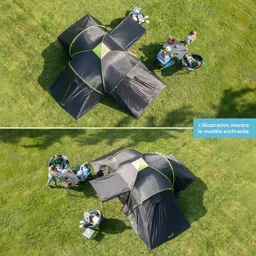 Schwarzes Zelt mit grünen Akzenten auf einer Wiese, umgeben von Campingstühlen und einem Tisch mit Essen.