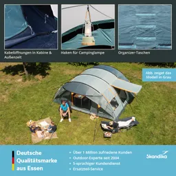 Zelt mit mehreren Kammern auf Rasen, Personen sitzen draußen, Ausstattungseinblicke wie Haken und Organizer-Taschen.