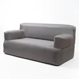 Grau gefütterte Couch mit zwei Armlehnen, schlichtes Design auf hellem Hintergrund.