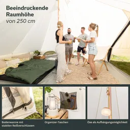 Zelt mit hohen Wänden, vier Personen stehen oder sitzen im Inneren. Matratze und Dekoration sichtbar. Taschen und Lampen im Zelt.