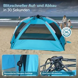 Blaue Strandmuschel auf Sandboden mit transparenten Fenstern und einem Fiberglasgestänge für Stabilität.