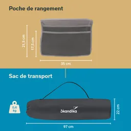 Auf dem Bild sind zwei Produkte dargestellt: eine graue Aufbewahrungstasche mit Netzfächern und ein schwarzer Transportbeutel mit dem Logo "Skandika".