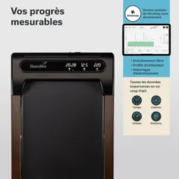 Elegantes Fitnessmaschine mit digitalem Display, das Zeit, Kalorien, Geschwindigkeit und Entfernung anzeigt. Seiten mit zusätzlichen Funktionen.