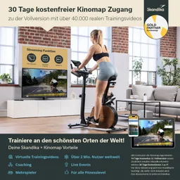 Frau auf einem Fahrradergometer in einem modernen Raum. Ein Fernseher zeigt Trainingvideos. Informationen zu Kinomap-Zugang sind sichtbar.