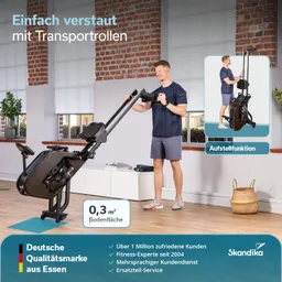 Rowing-Maschine in einem modernen Raum, eine Person hebt sie an. Links eine Präsentation der Aufstellfunktion.