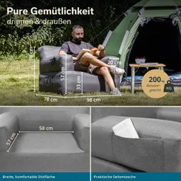 Grau gestalteter Sessel im Freien, daneben eine kleine Tischfläche und ein Zelt im Hintergrund. Maße und Details sind angegeben.