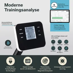 Gerät zur Trainingsanalyse mit LCD-Bildschirm. Funktionen: Zeit, Ruderzüge, Puls, Kalorien, Distanz. Mit Bluetooth.