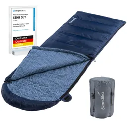 Blau gefütterter Schlafsack mit geometrischem Innenmuster und einer grauen Verpackung. Bewertungsplakat mit „SEHR GUT“-Auszeichnung.