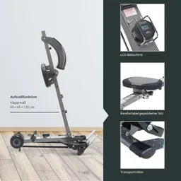 Fitnessgerät mit Klappfunktion, LCD-Bildschirm, gepolstertem Sitz und Transportrollen auf Parkettboden.