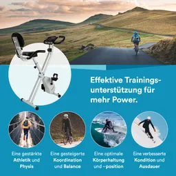 Ein Zusammenstellung von Fitnessinformationen zeigt ein stehendes Fahrrad in der Mitte. Im Hintergrund eine sanfte Hügel- und Straßenlandschaft. Vier ikonische Bilder repräsentieren verschiedene Sportarten.