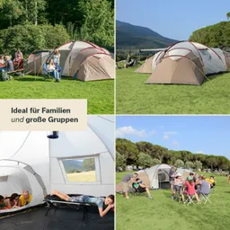 Mehrere Zelte auf einer grünen Wiese. Gruppen sitzen und entspannen sich im Freien. Eines der Zelte ist von innen sichtbar.