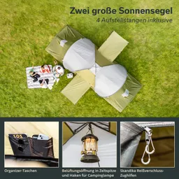 Zwei große Sonnensegel und ein Zelt auf einer Rasenfläche. Vier Personen liegen auf einer Matte und entspannen.