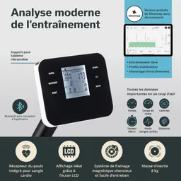 Anzeige eines modernen Trainingsgeräts mit LCD-Bildschirm. Funktionen und Daten wie Zeit, Ruderzüge und Kalorien sind sichtbar. Bluetooth-Symbol, Unterstützung für Tablets und magnetisches Bremssystem sind ebenfalls abgebildet.