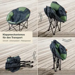 Ein Klappstuhl mit runden Sitzflächen in Schwarz und Grün auf einem Holzboden. Neben dem Stuhl sind Teile des Klappmechanismus sichtbar.