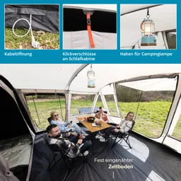 Zeltinnenraum mit Tisch und vier Personen auf Campingstühlen. Hängelampe und Schlafbereich sichtbar. Zeltboden fest integriert.