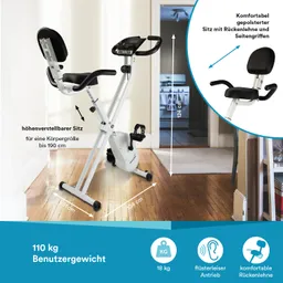 Faltbares, höhenverstellbares Fitnessgerät mit gepolstertem Sitz und Rückenlehne. Maße und Benutzergewicht angegeben.