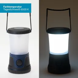 Eine tragbare Lampe mit transparentem Gehäuse und schwarzem Sockel. Links ist sie beleuchtet, rechts unsichtbar.