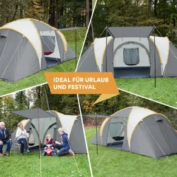 Zeltaufbau auf grüner Wiese im Wald. Verschiedene Perspektiven des Zeltes sind abgebildet. Personen sitzen vor dem Zelt.