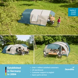 Drei Bilder von einem großen, aufgestellten Zelt in einer grünen Wiese, mit Menschen und einem Tisch im Freien.