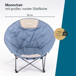 Runder Sitzstuhl mit großer Sitzfläche. Polsterung in Blau und hellem Beige. Maße: 83 cm Durchmesser, max. 150 kg Benutzergewicht.
