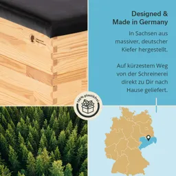 Holzkiste aus Kiefer mit schwarzem Deckel, Textinformationen über die Herstellung in Deutschland, Karte von Deutschland und Baumansicht.