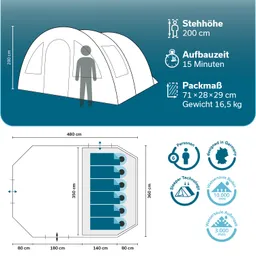 Zeltansicht mit Maßen: Höhe 200 cm, Länge 480 cm, Breite 360 cm. Platz für 6 Personen, Gewicht 16,5 kg, Packmaß 71×28×29 cm.