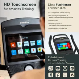 HD-Touchscreen-Gerät mit 10 Zoll Display, Apps und Lautsprecher, vorgestellt auf einem Fitnessgerät.