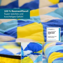 Bunt gemusterter Baumwollflanell mit gelben, blauen und weißen Karos. Sichtbare Details des Materials und eines Reißverschlusses.