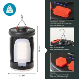 Taschenlampe mit integriertem Powerbank, 16 cm hoch, 7,3 cm breit, mit Metalhaken und Steuerknopf auf der Oberseite.