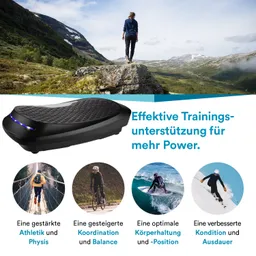 Eine Person steht auf einem Felsen in einer Berglandschaft. Ein schwarzes Trainingsgerät ist im Vordergrund abgebildet, umgeben von vier Icons, die verschiedene Trainingsvorteile darstellen.