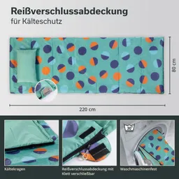 Reißverschlussabdeckung für Kälteschutz in Mintgrün mit bunten Punkten. Maße: 220 cm x 80 cm. Enthält Kältekragen und Waschmaschinensymbol.
