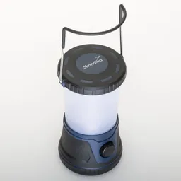 Eine Campinglampe mit einem schwarzen, runden oberen Teil, einem transparenten Zylinder und einem drehbaren Schalter an der Seite.