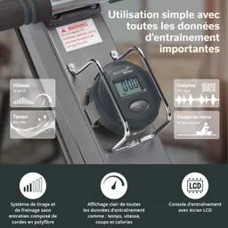 Digitales Display eines Trainingsgeräts zeigt Trainingsdaten wie Geschwindigkeit, Zeit, Kalorien und Ruderzüge an.