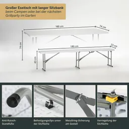 Faltbarer Esstisch mit langer Sitzbank. Maße: Tisch 180 x 74 cm, Bank 180 x 23 cm. Sicherheitsmerkmale und Clips sichtbar.