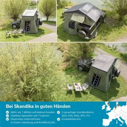Geräumiges Zelt auf einem Fahrzeug am Ufer eines Gewässers, mit Stühlen und Tisch daneben, umgeben von Bäumen.