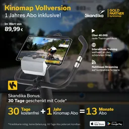 Anzeige für Kinomap Vollversion mit einem Fahrradhalter und Tablet, das Trainingsvideos zeigt. Preis: 89,99 €. Zusätzliche Angebote hervorgehoben.