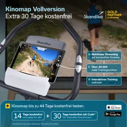 Werbung für Kinomap mit einem Fitnessgerät und einem Tablet. Informationen zu kostenfreien Testangeboten und interaktivem Training.