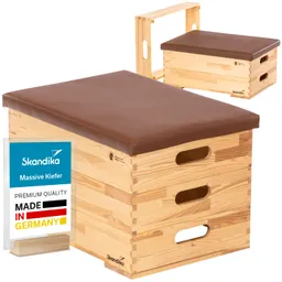 Holzbank aus massivem Kiefernholz mit braunem Polster und zwei integrierten Griffen. Dazu ein abnehmbarer Sitz.