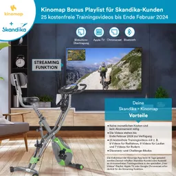 Ein Heimtrainer steht im Vordergrund, im Hintergrund ein Fernseher, der eine Radtour zeigt. Text über Vorteile von Kinomap und Skandika.