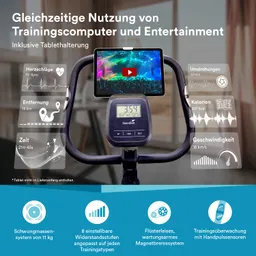 Ein Trainingsgerät mit einem Display zeigt verschiedene Trainingsdaten an. Darüber ist ein Tablet mit einem Video zu sehen.