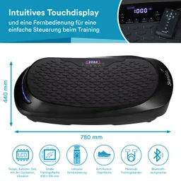 Vibrationsplatte in Schwarz mit rutschfester Oberfläche, digitalem Touchdisplay und Fernbedienung. Maße: 780 mm x 440 mm.