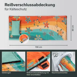 Bunte Reisverschlussabdeckung mit Blumenmuster, Maße 190 x 80 cm, Kälteschutz, waschmaschinenfest, besteht aus verschiedenen Stoffbereichen.