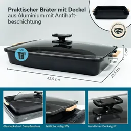 Rechteckiger Bräter aus Aluminium mit Antihafbeschichtung, Glasdeckel und seitlichen Holzgriffen. Maße: 42,5 cm x 29,5 cm x 6 cm.