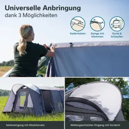 Eine Person befestigt einen Zeltstoff an einem Fahrzeug. Unten sind verschiedene Zeltmerkmale dargestellt, wie ein Seiten- und ein wettergeschützter Eingang.