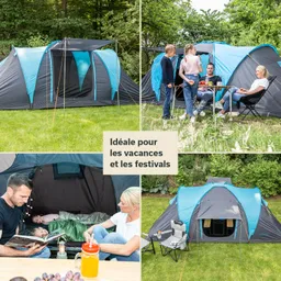 Zelt mit blauer und grauer Farbgestaltung im Freien, umgeben von Gras. Personen stehen und sitzen in der Nähe des Zeltes.