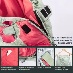 Ein gefalteter Schlafsack in mintgrün und rot, mit einem Reißverschluss und Klettverschluss daneben Bilder von Funktionen.
