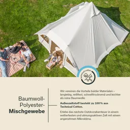 Zelt aus hellem Material steht auf grüner Wiese. Vier Personen sitzen auf einer Decke, entspannen und konsumieren Snacks.