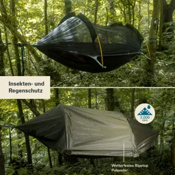 Zwei Hängematten in einem Wald, eine mit Insekten- und Regenschutz und eine wetterfeste Hülle aus Ripstop-Polyester.