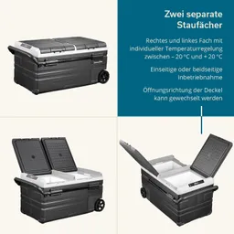 Kühlbox mit zwei separaten Staufächern, individuell regelbar, mit Rädern und umschlagbarem Deckel. Beschriftung und Illustrationen.