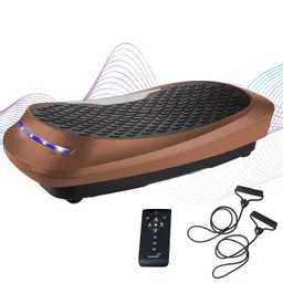 Vibrationsplatte in brauner Farbe mit rutschfester Fläche, Fernbedienung und zwei Widerstandsbändern.
